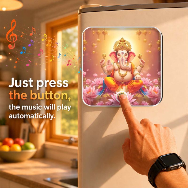 Lord Ganesha Musical Fridge Magnet Rechargeable Music Player Refrigerator Magnet | Ganesh Mantra Music Player for Home & Pooja Room Decor Positive Vibes